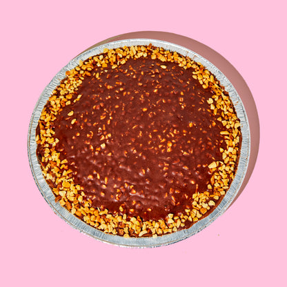 Overhead view of a whole  Chocolate Peanut Butter Crunch Pie 