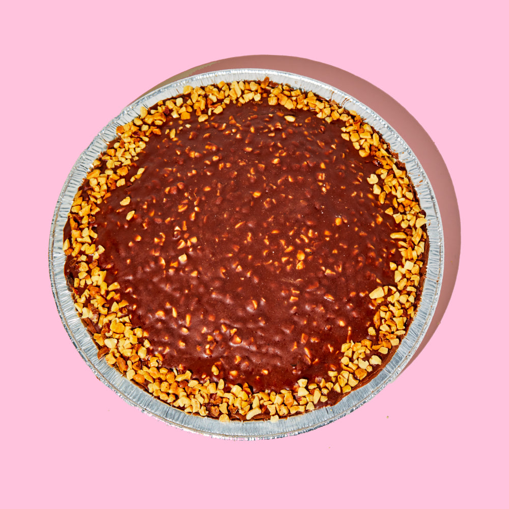 Overhead view of a whole  Chocolate Peanut Butter Crunch Pie 