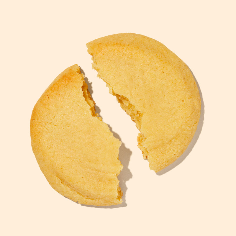 overhead of the corn cookie split in half