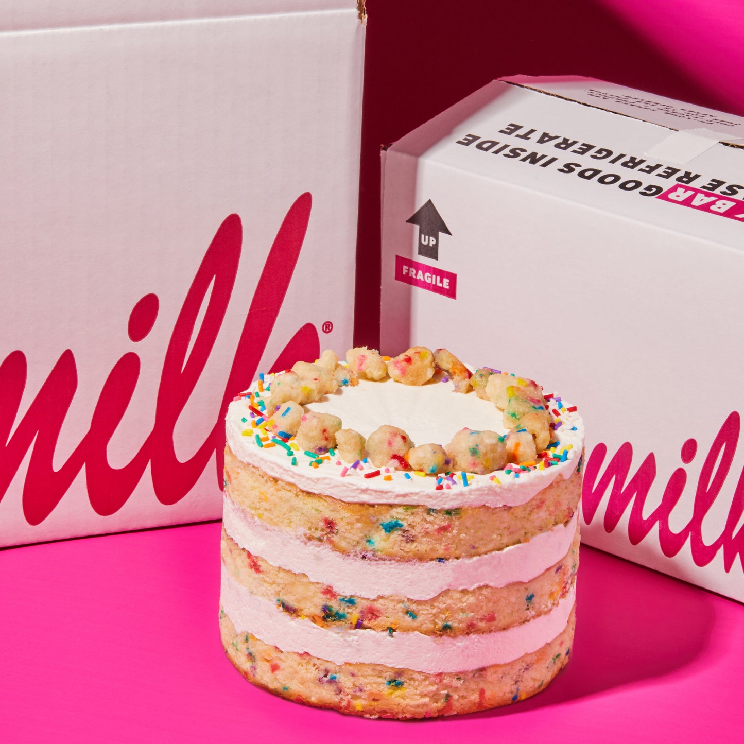 Gluten Free Birthday Cake with shipping boxes